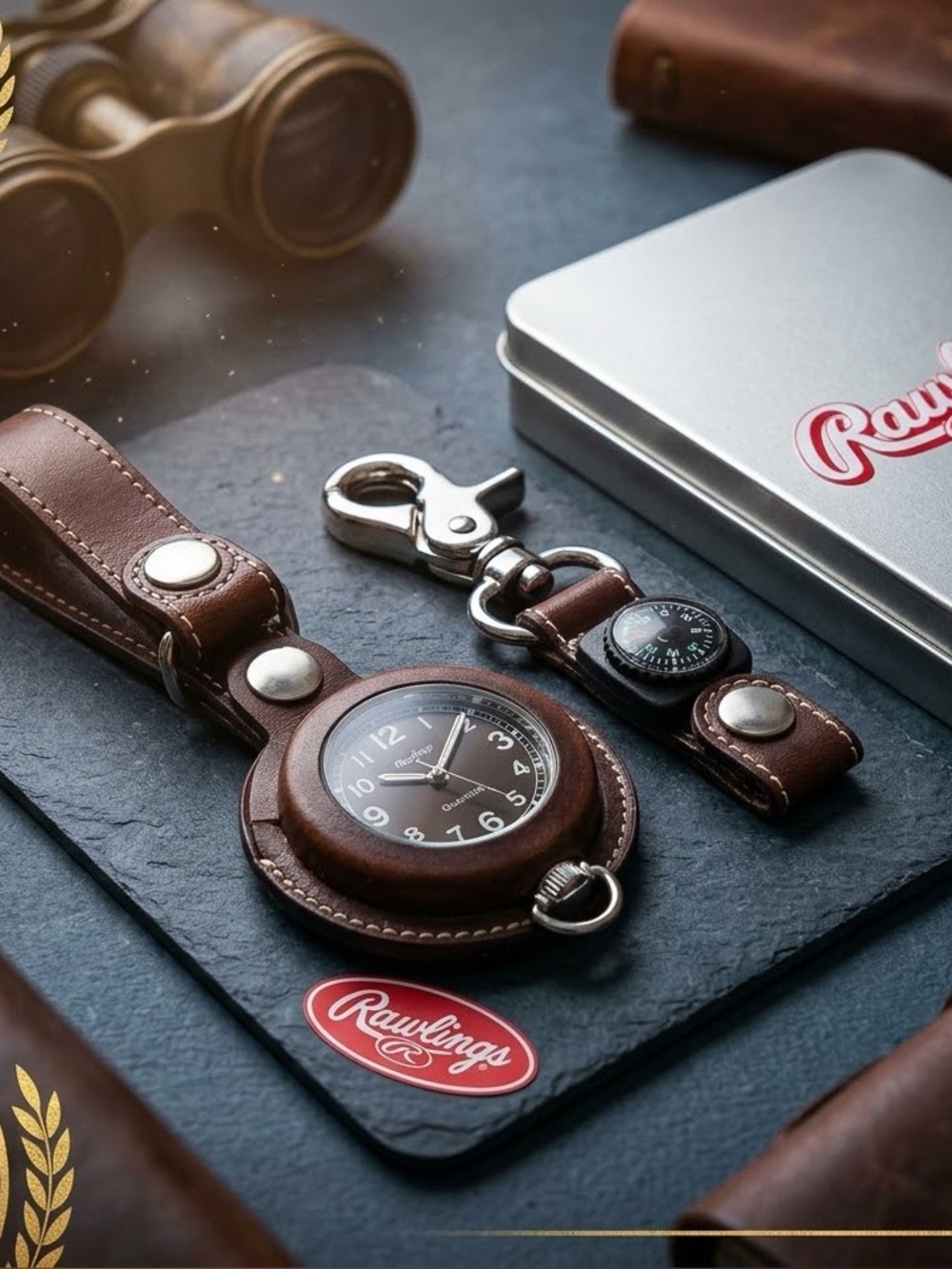 Brand NEW Rawlings Leather Clip-On Watch & Compass Keychain Gift Set Men Sport